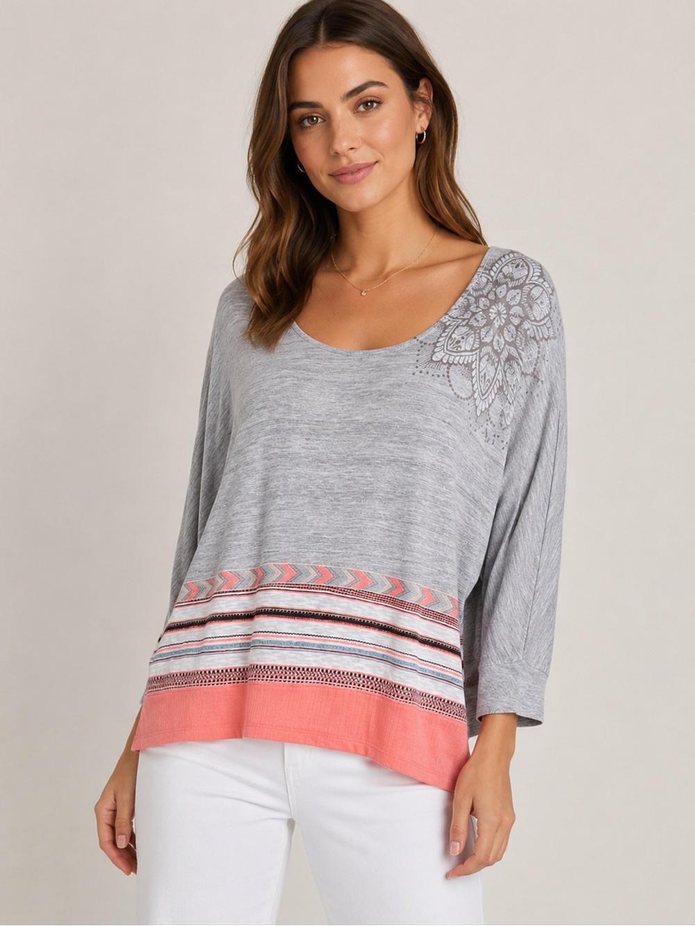 DESIGUAL Women's 3/4 Dolman Gray and Coral Sleeve Top Shirt Blouse size Medium